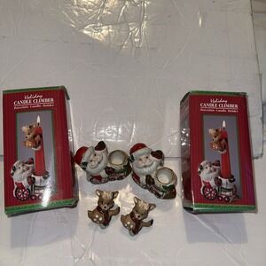 Vtg Set Of 2 Candle Climber Santa and Reindeer Porcelain Candle Holder Giftco